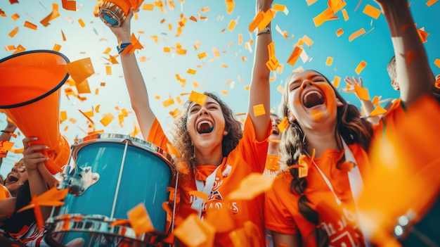 Foto een groep mensen met oranje shirts staan in een menigte.