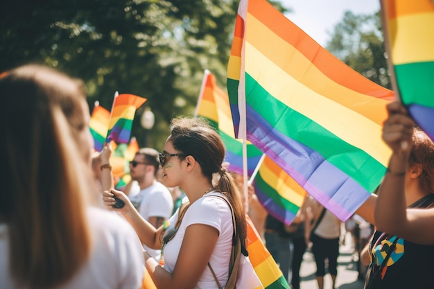 Een groep mensen met regenboogvlaggen