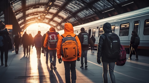 Een groep mensen met rugzakken die naar een generatief ai-beeld van een trein lopen