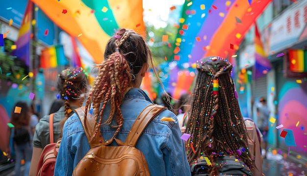 een groep mensen met vlaggen en het woord regenboog