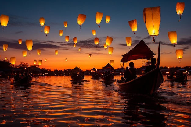 Een groep mensen op boten met lantaarns die bij zonsondergang in het water drijven.