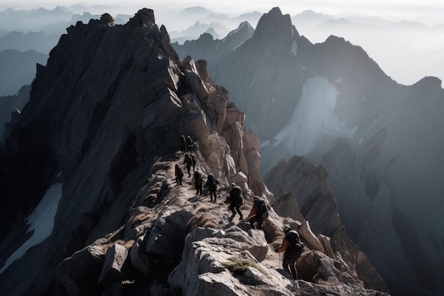 Een groep mensen op een bergtop met de bergen op de achtergrond