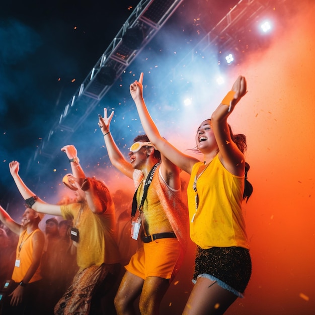Een groep mensen op het podium waarvan er één een gele korte broek draagt en een geel shirt met het woord muziek erop.