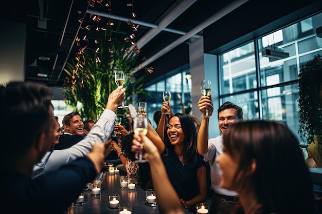 Een groep mensen proosten op een feestje