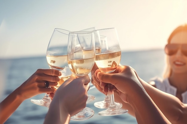 Een groep mensen proostend met champagne op een boot