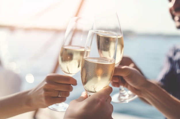 Een groep mensen proostend met champagne op een boot