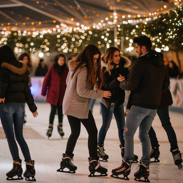 Een groep mensen schaatst op een drukke ijsbaan.