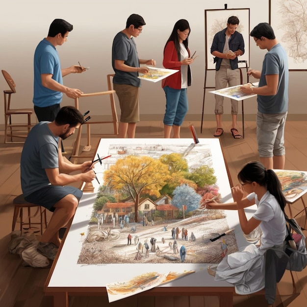 een groep mensen schildert een schilderij van een boom