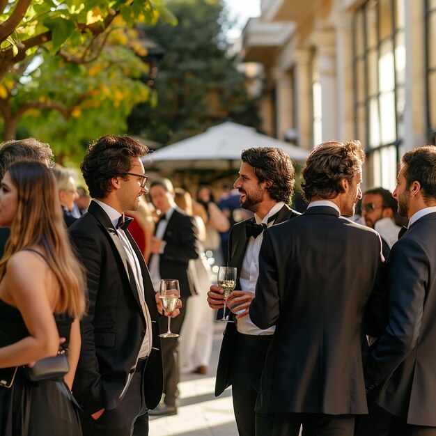 Een groep mensen staat buiten met champagne glazen.