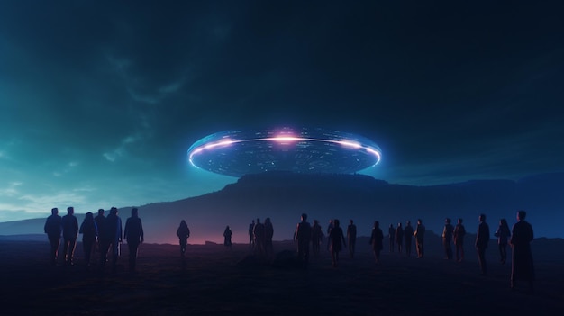 Een groep mensen staat in een donker landschap met een ufo eroverheen.