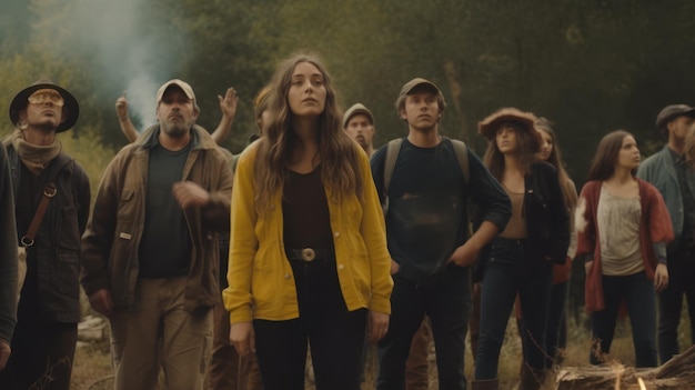 Foto een groep mensen staat in een veld, de een draagt een gele jas en de ander een gele jas.