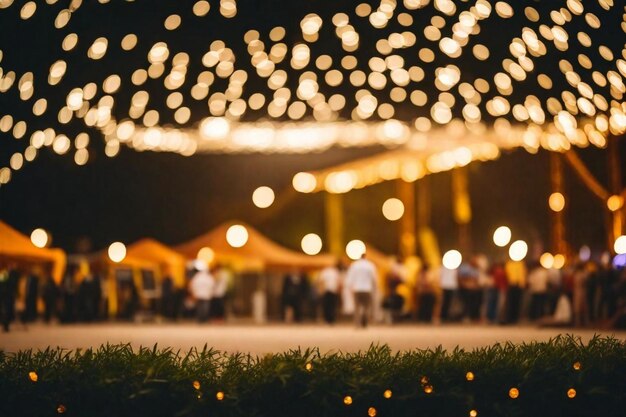 Een groep mensen staat onder een tent met lichten erop.
