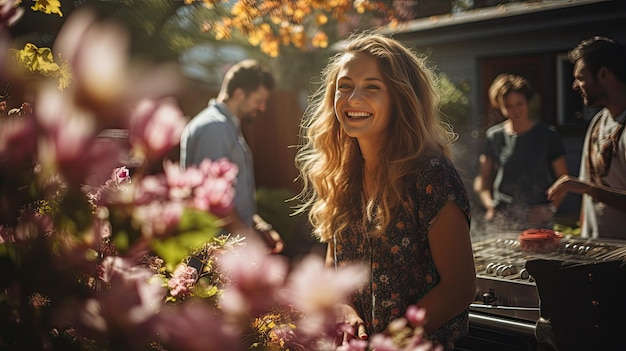 Foto een groep mensen staat rond een tafel vol bloemen