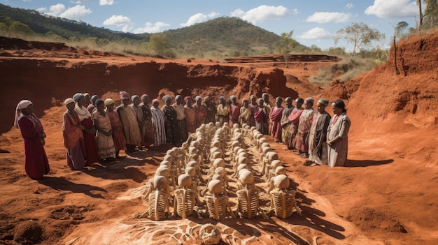 een groep mensen staat voor een berg met een piramide in de vorm van een draak.