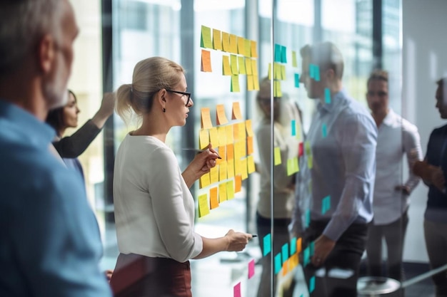 een groep mensen staat voor een muur met veel kleverige notities erop