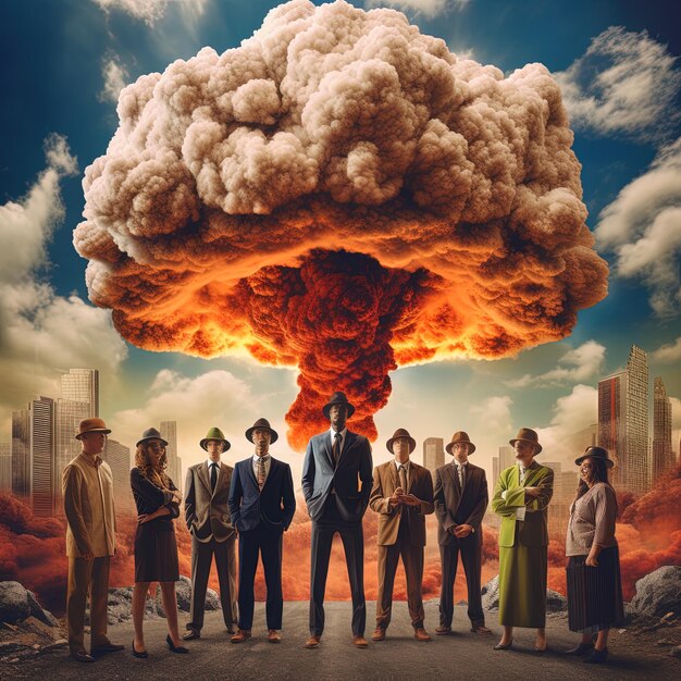 Foto een groep mensen staat voor een nucleaire explosie.