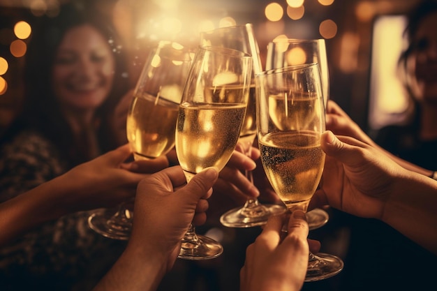 Een groep mensen toast met champagneglazen in een bar.