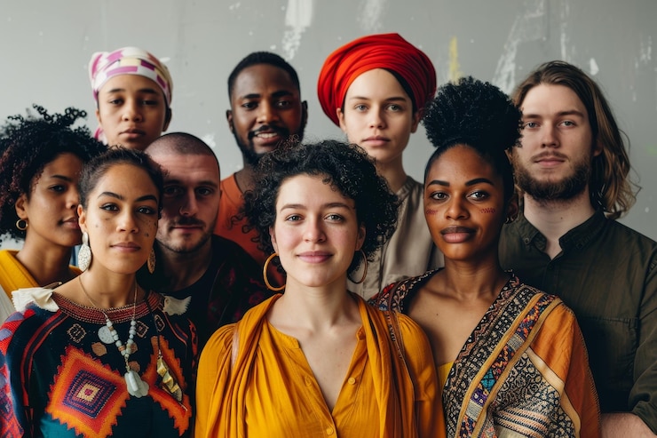 Foto een groep mensen van verschillende achtergronden die naast elkaar staan een groep individuen van verschillende culturele achtergronden die samen in eenheid staan