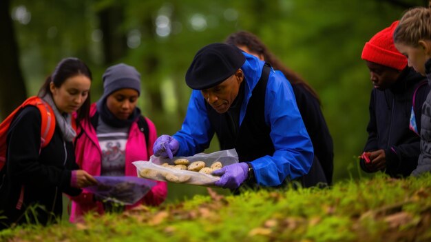 Een groep mensen verzamelt paddenstoelen in het bos.