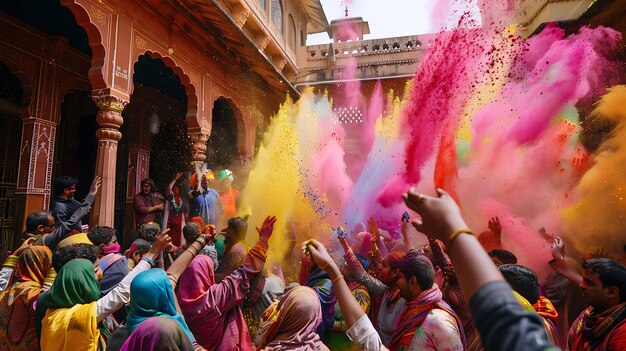 Een groep mensen viert de hindoe-vakantie Holi. Ze gooien kleurrijk poeder naar elkaar en dansen op muziek.