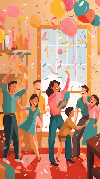 Een groep mensen viert een feest met confetti generatief ai-beeld