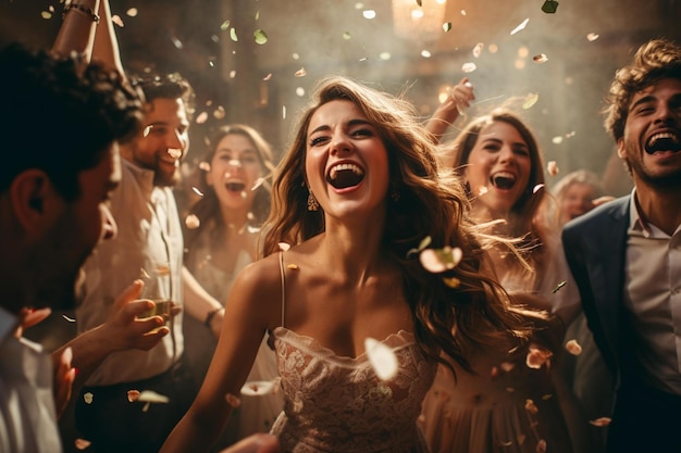 Een groep mensen viert feest met confetti en confetti