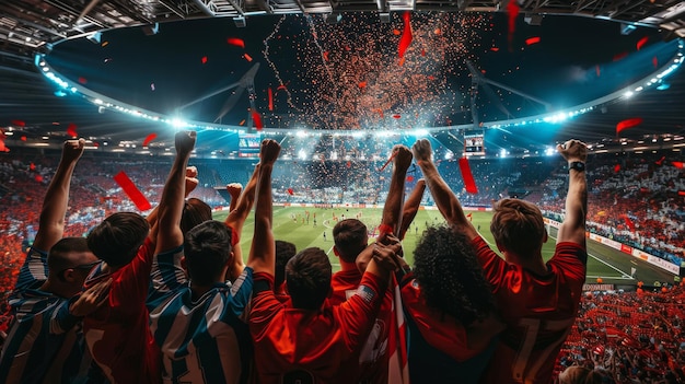 Foto een groep mensen viert in een stadion met vuurwerk