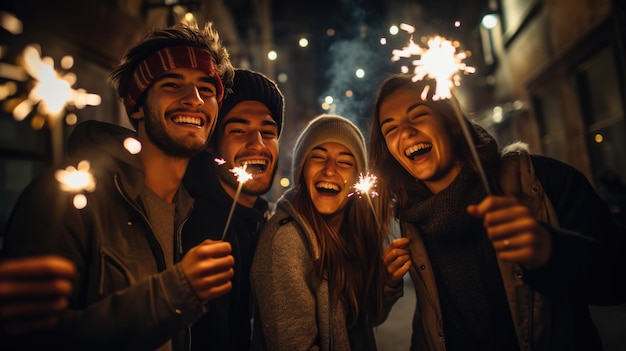 Een groep mensen viert 's avonds buiten een verjaardagsfeestje. Gemaakt met generatieve AI-technologie