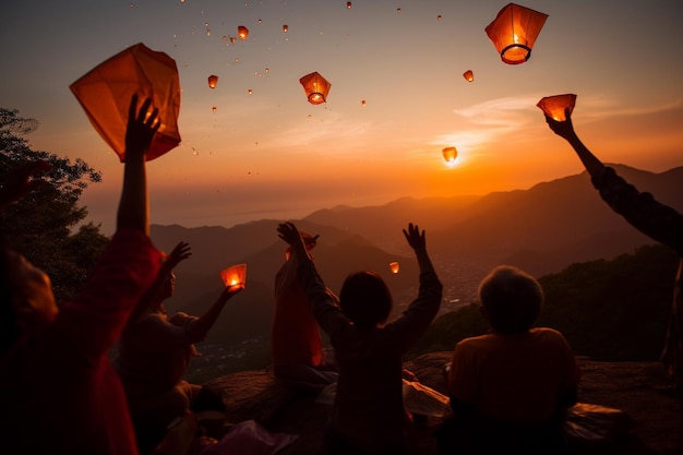 Een groep mensen vliegt bij zonsondergang met lantaarns de lucht in.