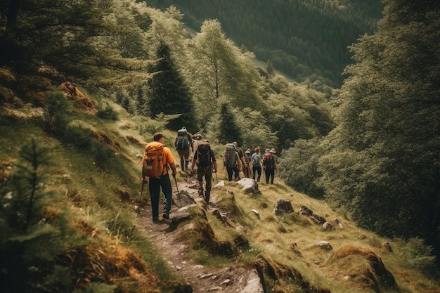 Een groep mensen wandelen in de bergen