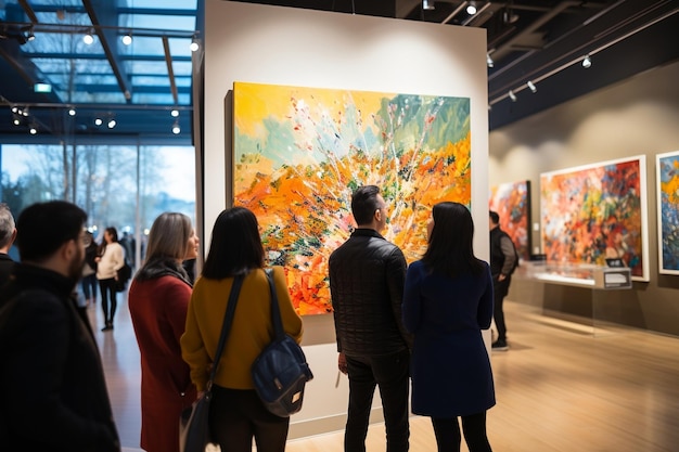 Een groep mensen woont een kunstgalerie bij met schilderijen Generative Ai