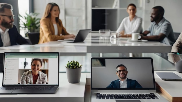 een groep mensen zit aan een bureau met laptops en een foto van een plant