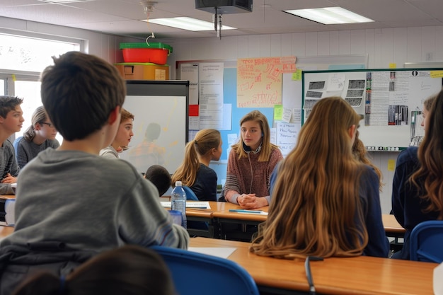 Een groep mensen zit aan een tafel in een klaslokaal.