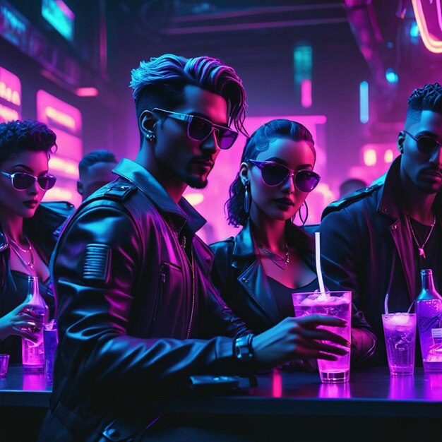 Een groep mensen zit aan een tafel met dranken en een neonlicht
