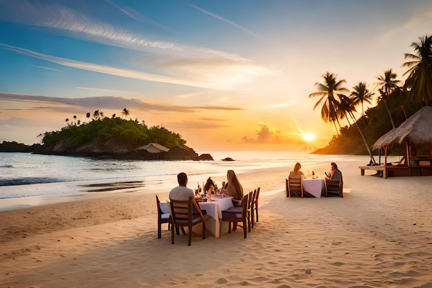 Een groep mensen zit bij zonsondergang aan een tafel op een strand.