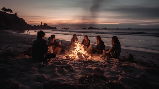 Een groep mensen zit bij zonsondergang rond een kampvuur op een strand.