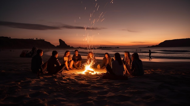 Een groep mensen zit bij zonsondergang rond een kampvuur.