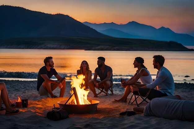 Een groep mensen zit bij zonsondergang rond een kampvuur.