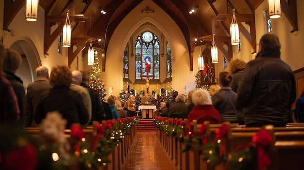 Een groep mensen zit in een kerk en luistert naar een preek. De kerk is versierd met kerstbomen en lichten.