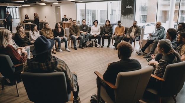 Een groep mensen zit in een kring voor een bord met de tekst 'wij zijn de mensen'