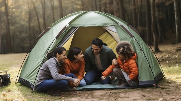 Een groep mensen zit in een tent in een bos