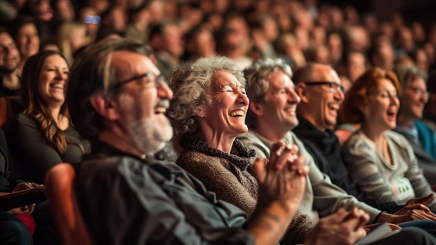 Een groep mensen zit in een theater en kijkt naar een voorstelling ze lachen allemaal en genieten van zichzelf