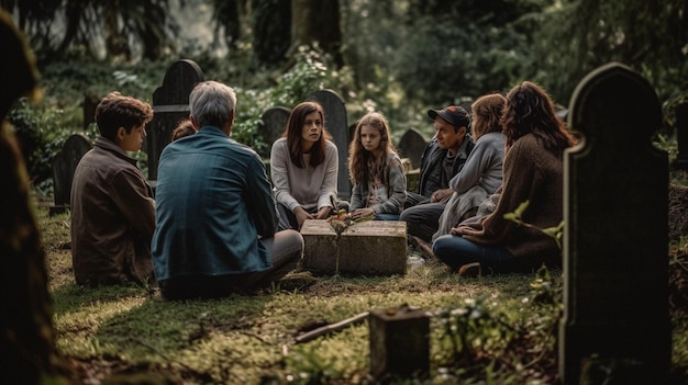 Een groep mensen zit in een veld, waarvan er één zegt 'het woord begraafplaats'