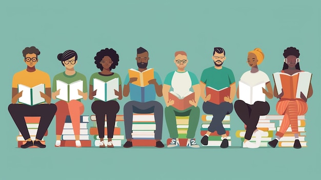 een groep mensen zit op een bankje en leest boeken
