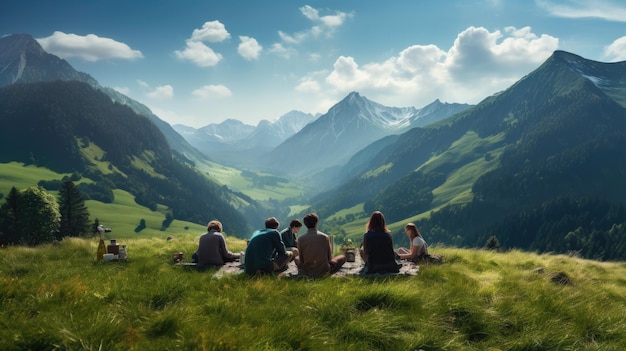 een groep mensen zit op een bergtop met bergen op de achtergrond.