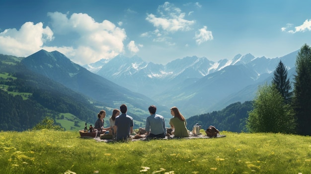 een groep mensen zit op een picknick voor een bergketen.