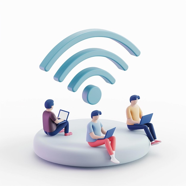 een groep mensen zit op een ronde tafel met een wifi en een computermuis