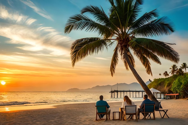 Een groep mensen zit op stoelen op het strand onder een palmboom bij zonsondergang.