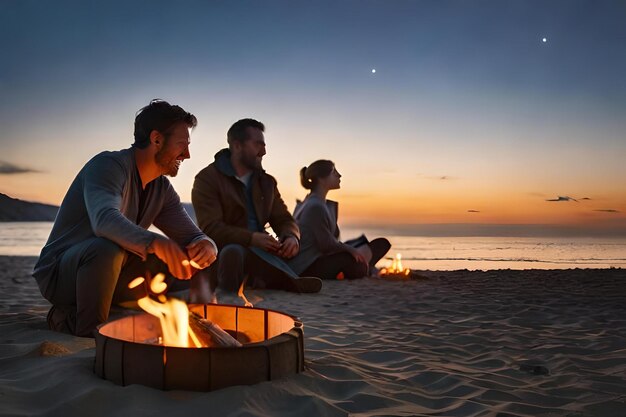 Een groep mensen zit rond een kampvuur en geniet van de zonsondergang.