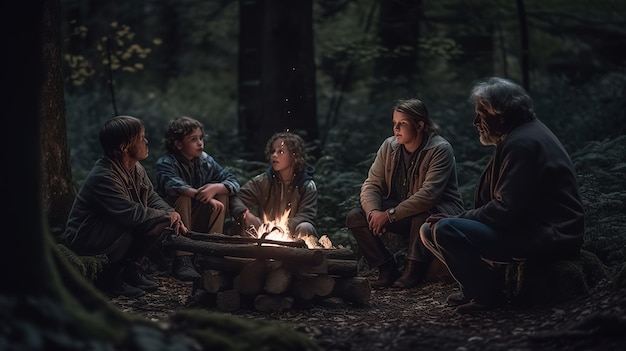 Een groep mensen zit rond een kampvuur in een donker bos, een van hen heeft een trui aan